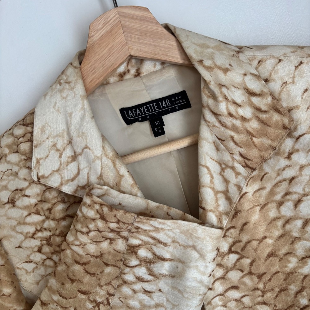 Lafayette 148 New York Gold Animal Print Linen Silk Blazer Size 10P Mob‎ Luxe